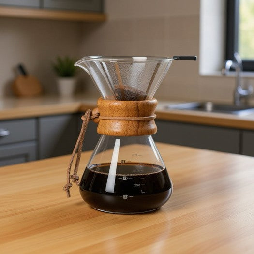 Kaffeekaraffe "WACHKÜSSER" mit Holz-Manschette und Filter ( 300 / 500 / 700 ml)