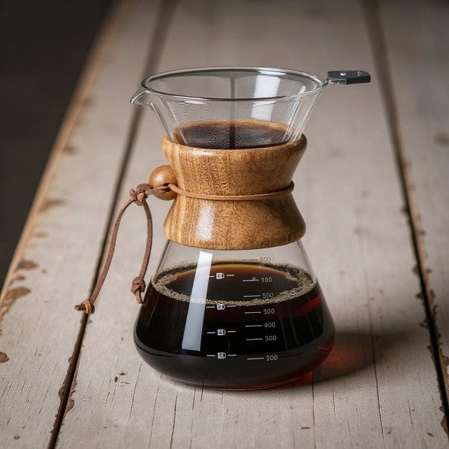 Kaffeekaraffe "WACHKÜSSER" mit Holz-Manschette und Filter ( 300 / 500 / 700 ml)