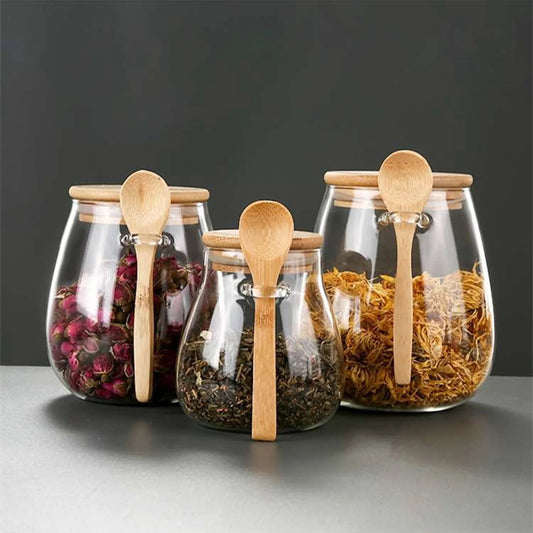3 für 2 SPAR-Set: Vorratsgläser "ZAUBERVORRAT" mit Holzdeckel und Löffel (350/600/1000 ml)