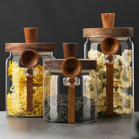 3 für 2 SPAR-Set: Vorratsglas "BLICKFANG" mit Holzdeckel und Löffel (400/600/900 ml)